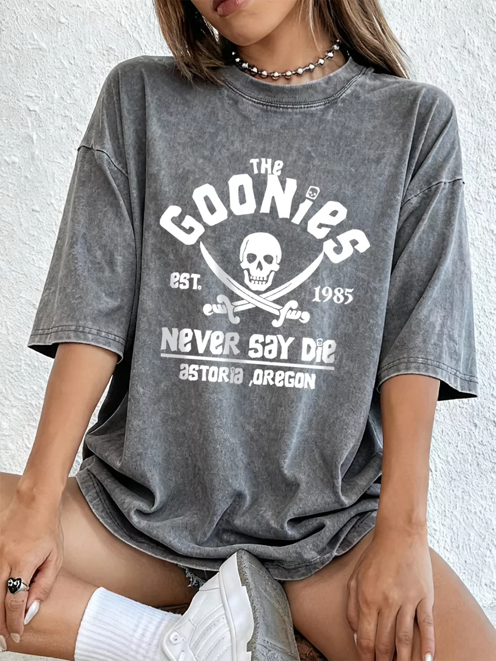 The Goonies Skeleton Printing Washed T-Shirts Damen-T-Shirts aus Baumwolle mit kurzen Ärmeln, Street-O-Ausschnitt, Oversize-T-Shirt, Sommer, weiche Kleidung