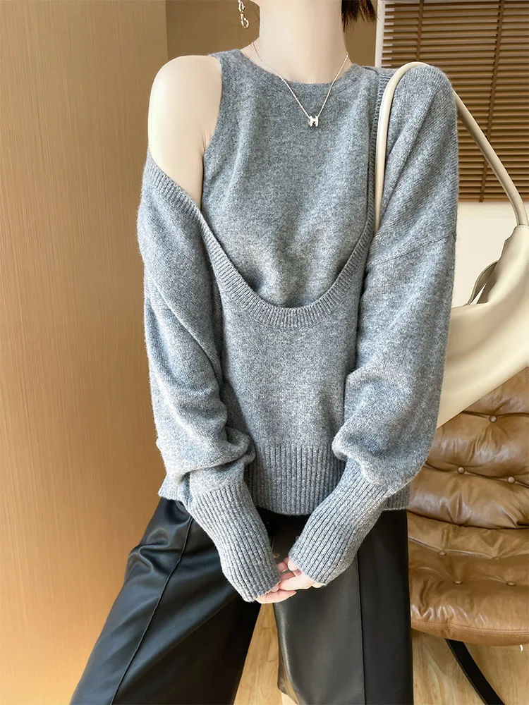 

Hot Sale Women Sweater Two-piece Sleeveless Vest Pullover Set 100%Merino Wool Sweater Autumn Winter Clothes Suite Warm Waistcoat
