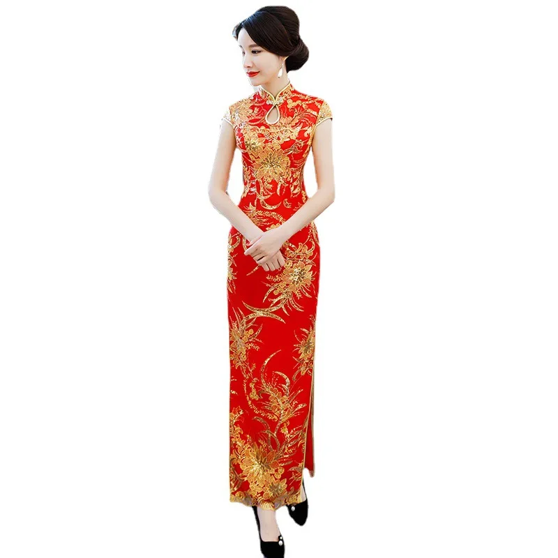 Qipao – robe longue rouge Cheongsam pour femmes, Noble, jeune, Version améliorée, Performance, mère, Slim, Sexy, Tradition chinoise