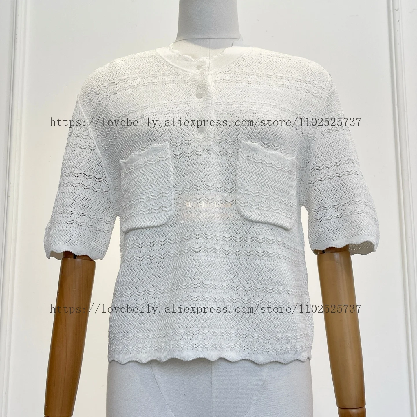 

2026 Elegant White Crochet Knitted Short Sleeve Blouse Tops and Pants Set for Women