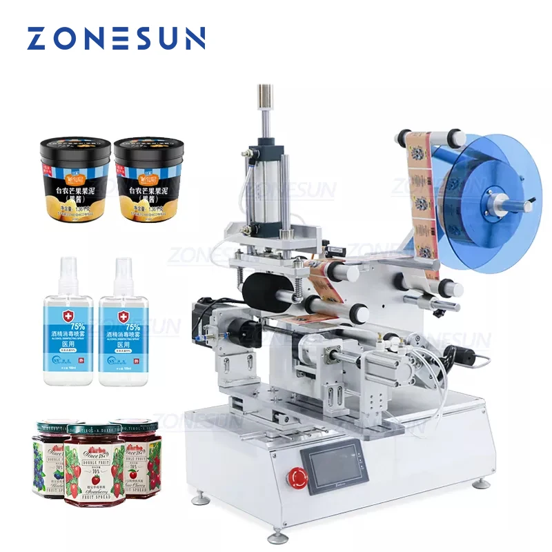 ZONESUN Tabletop Semi Automatic Lighter Oval Irregular Bottle Plastic Beverage Can Labeling Machine Label Applicator