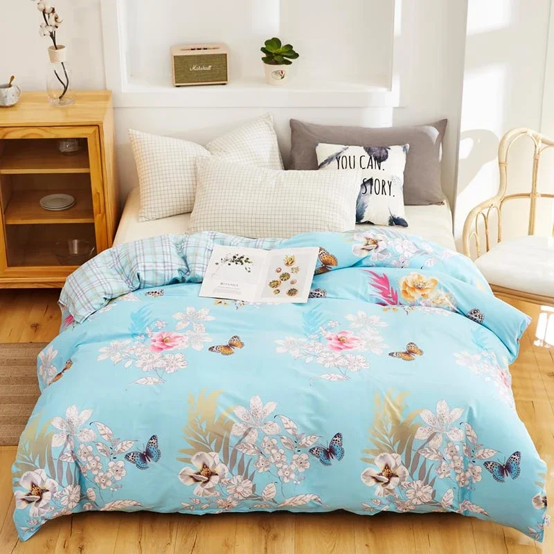 White Floral Cotton Duvet Cover with Colorful Butterfly Pattern Bedding Aesthetic Chic Botanical Comforter Covers for Women Men