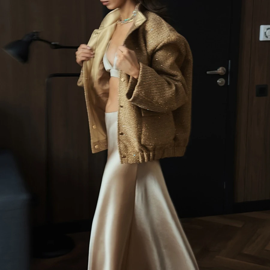 2025 Women Spring Vintage Sequins Jacket Coat Fashion Women Stand Collar Loose Style Jacket Femme Streetwear Tops Clothes