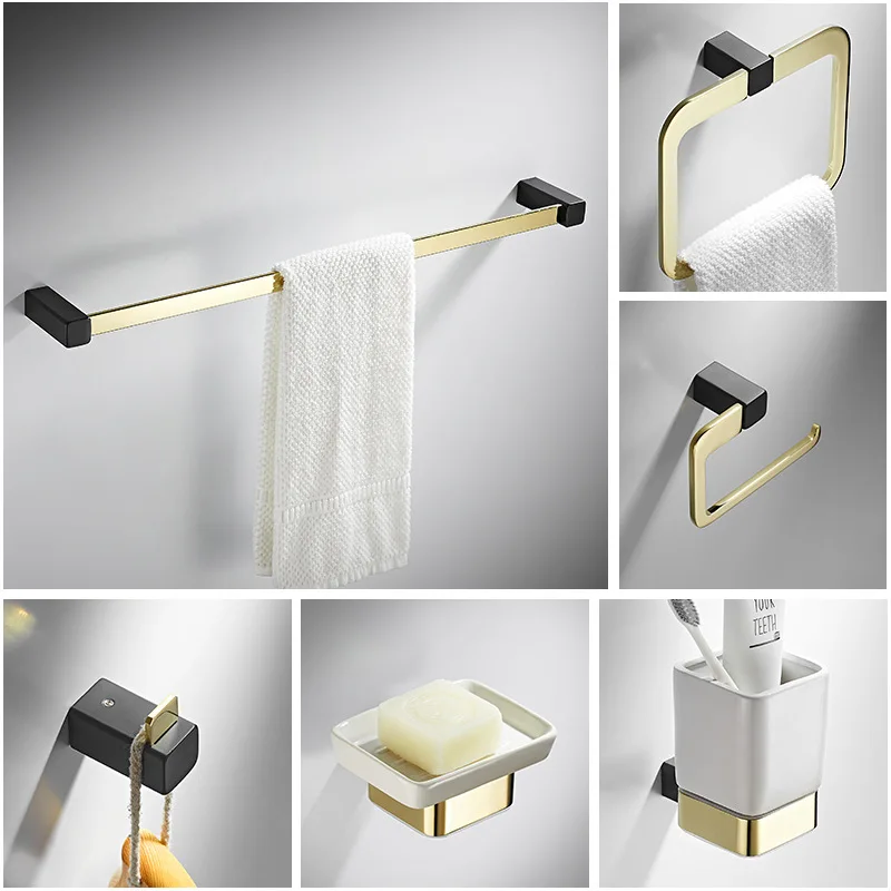 Zinc alloy foreign trade six sets of e-commerce new black and gold towel rack bathroom towel bar single bar single cup rack