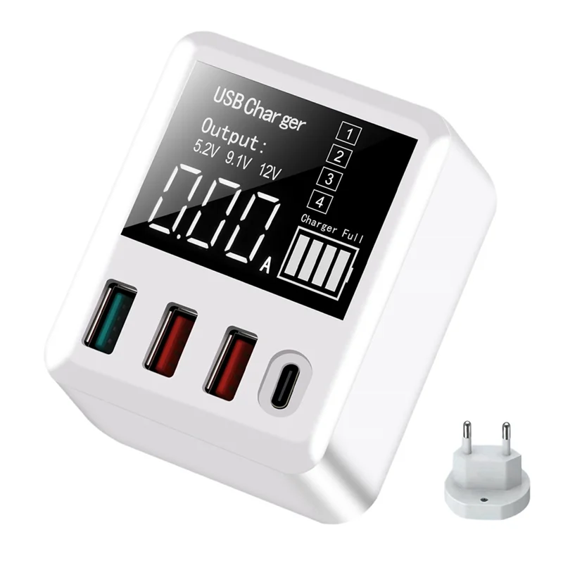 2025+ 4 Port Fast Charging USB Smart Identification Display Charger QC3.0/PD20W EU Plug
