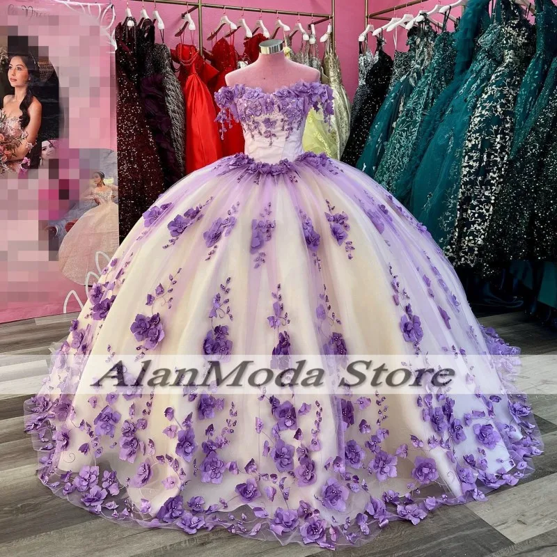 

Потрясающие блестящие фиолетовые платья Quinceanera с 3D цветочной аппликацией Тюлевое бальное платье для дня рождения платье 15 лет lila