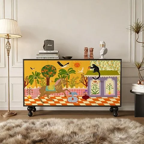 Vintage Solid Wood Storage Cabinet with Abstract Art Painting, Customizable, for Living Room, Entryway & Bedroom