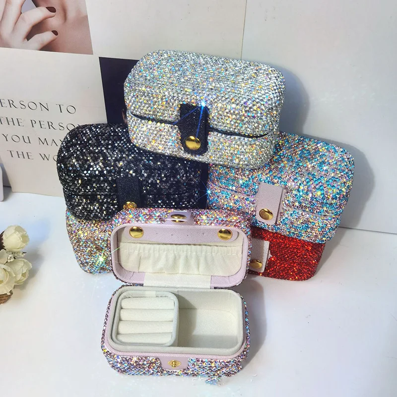 Sparkling Rhinestone Jewelry Storage Box Portable Travel Earrings Ring Display Stand Mini Jewelry Box Necklace Organization
