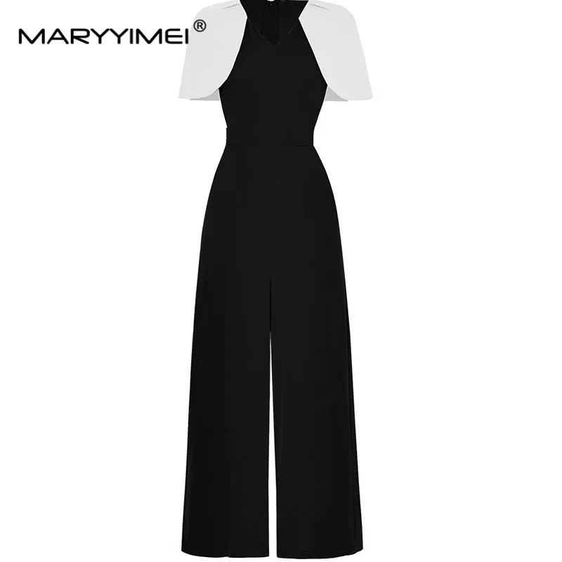 Maryyimei Modeontwerpster Lente Zomer Sexy V-Hals Mantel Mouwen Voor Dames Laken Streetwear Wijde Pijpen Broek Jumpsuit