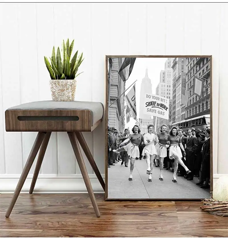 Skate To Work Roller Skating World War II Black and White Canvas Poster Home Wall Art Decor 1940's Vintage Photography Prints