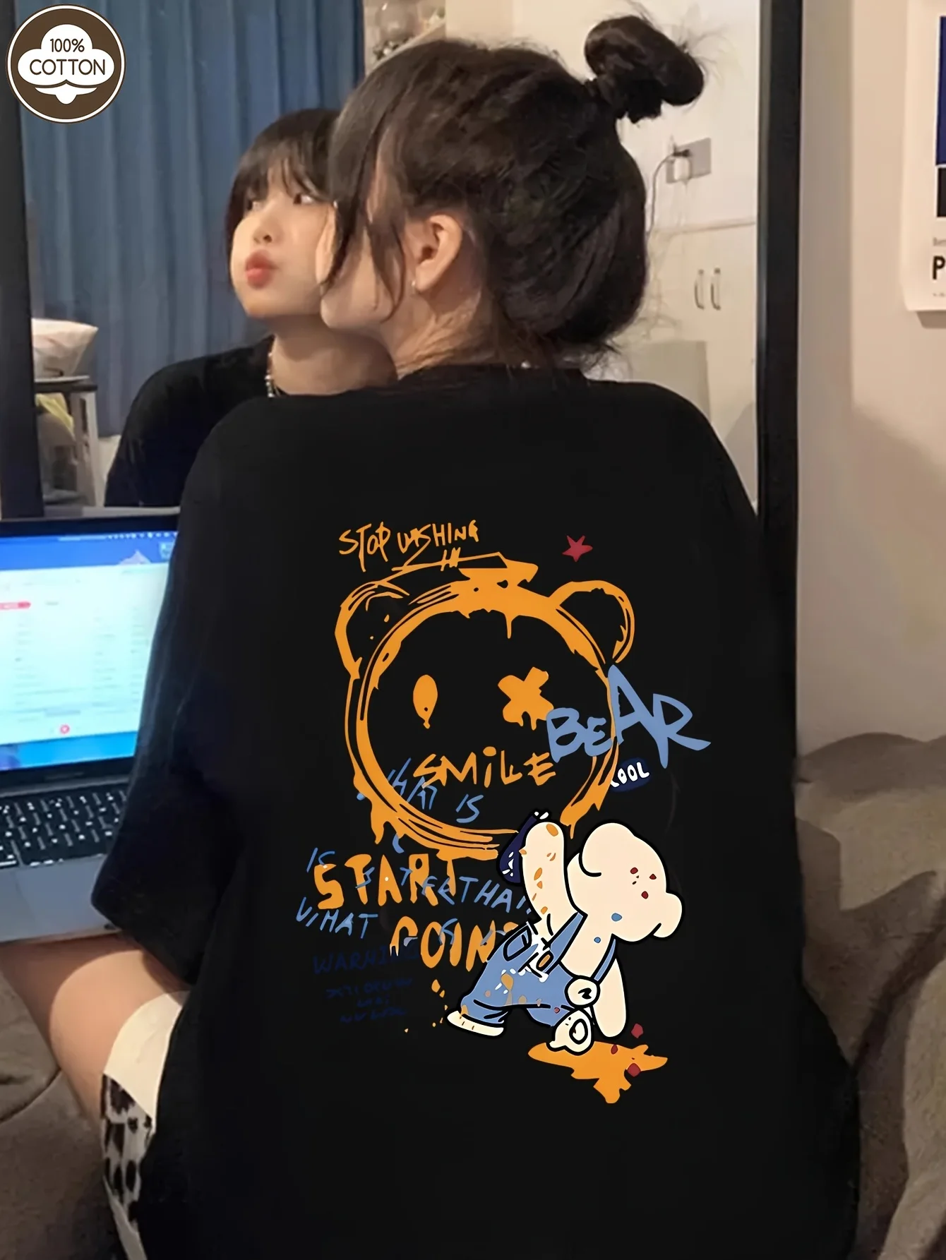 

Y2k женская свободная футболка из чистого хлопка в стиле ретро с короткими рукавами светло-желтого цвета с мультяшным медведем и надписью «Smile Is The Beginning»