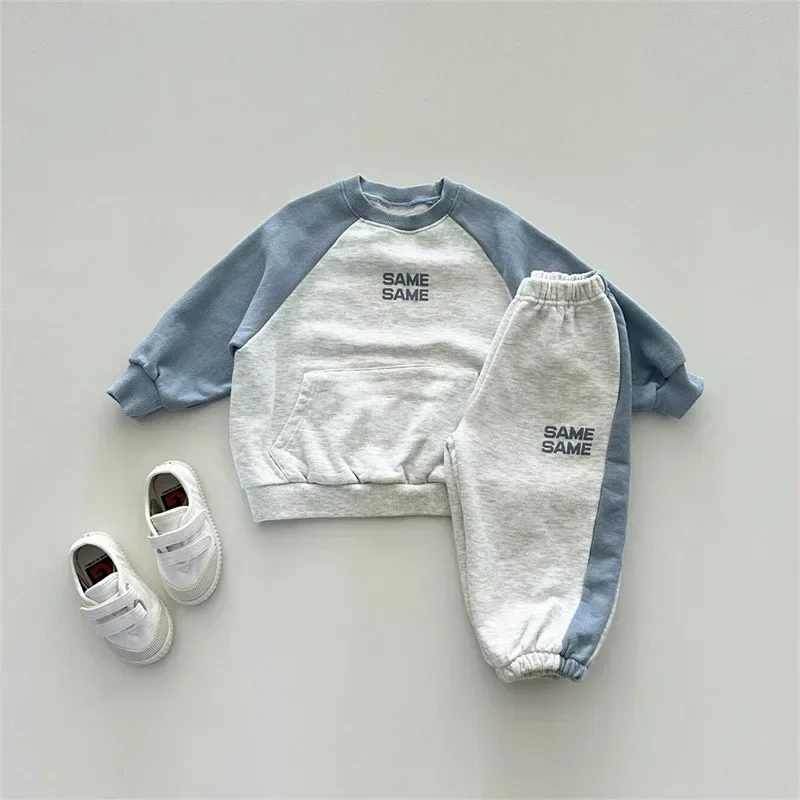 6902 Children Clothing Set 2023 Autumn and Winter New Boy's Suit Color Matching Terry Sweater +Pants Casual Two-piece Suit