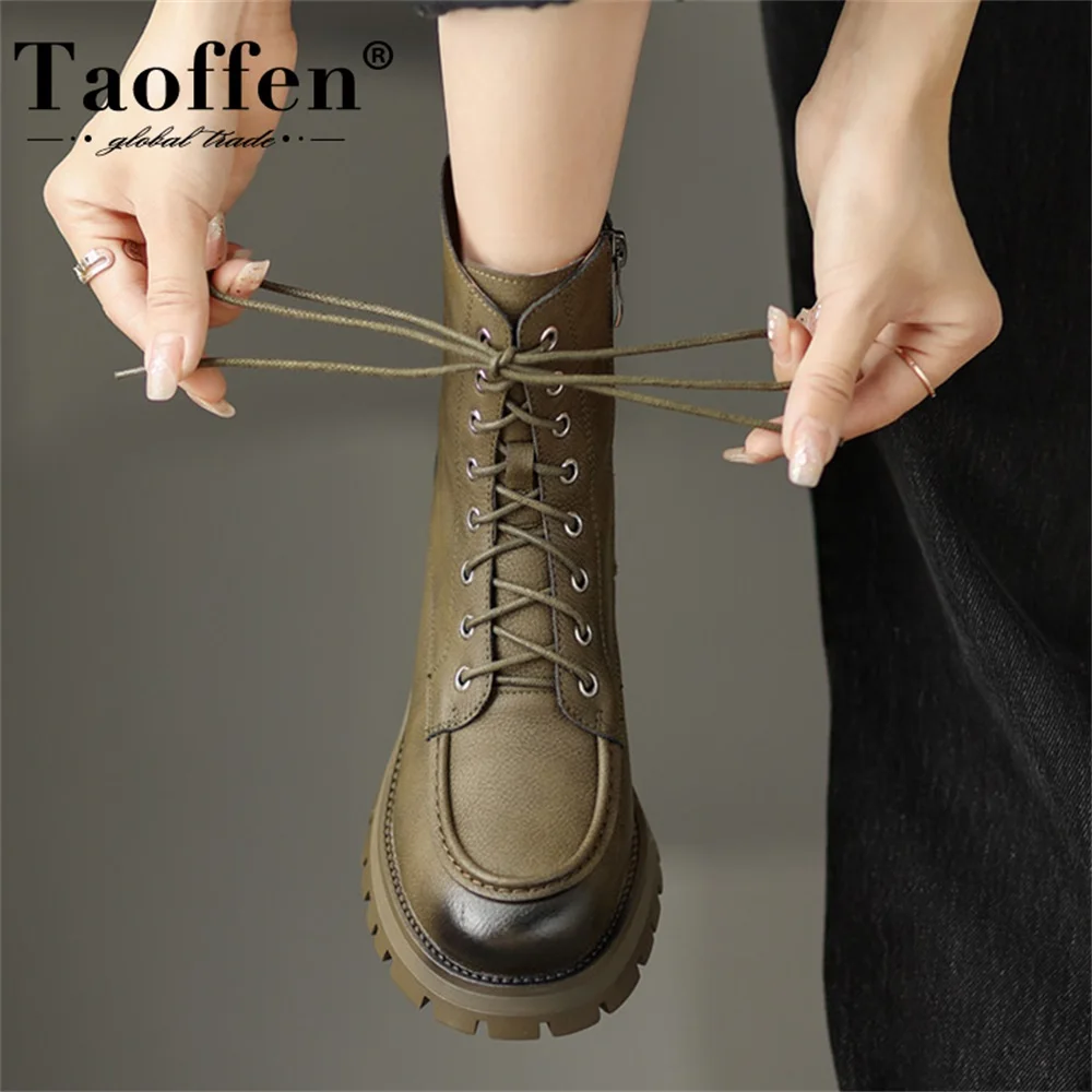 Taoffen Genuine Leather Women Chunky Motorcycle Boots 2023 Chic Thick Bottom Platform Olive-green Lace Up Boots With Zipper