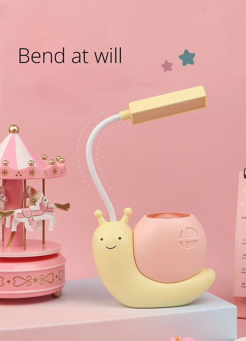 Multi-Functional LED Desk Lamp Student Learning with Pen Holder Night Light Snail Shape USB Rechargeable Bendable Cute Kids Lamp