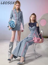 LEOSOXS Designer Niche Design Denim Dress Set 2024 Autumn New Irregular Denim Dress Mini Skirt Women Chiffon Pleated Cake Skirt