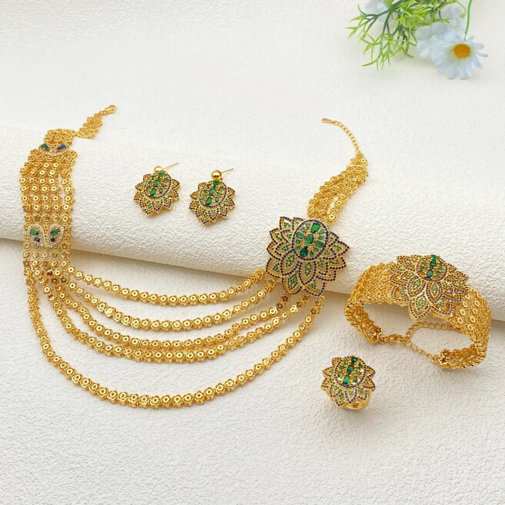 

Ювелирный набор Flora Bridal из позолоченной меди с цирконами, 4 предмета: браслет, кольцо, ожерелье, серьги для женщин, для свадебной церемонии и торжественных мероприятий