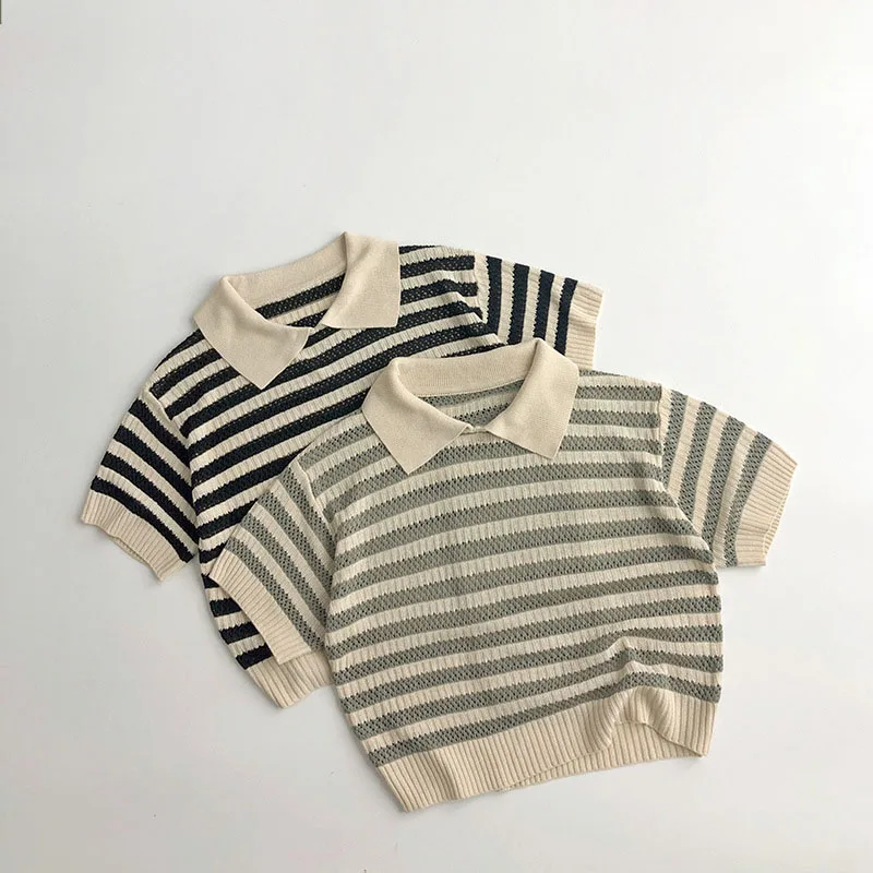 Summer Handcraft Knit Stripe Children Infant T-shirt with Turn down Collar Breathable Stylish Hollow Knitwear Pullover Tops