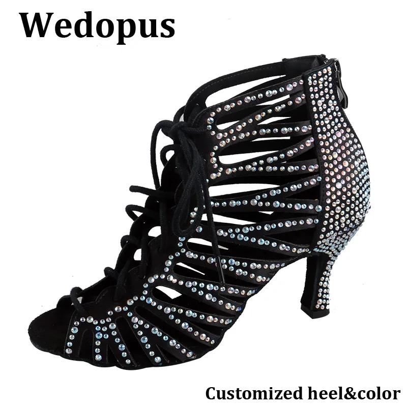 

Wedopus Customized Heel Women's Suede Sole Rhinestone Dance Boots High Heel and Back Zip Black Dance Shoes Ballroom 7.5CM