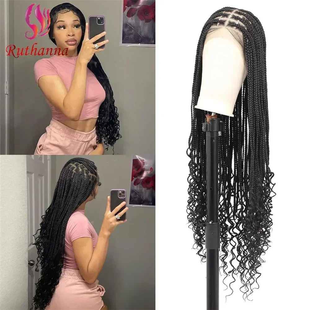 Box Braids Wig for Women, Full Lace, Synthetic, 3x Twist, Long Braids Wig for Women, Tail Curl, Transparent Lace, Baby Hair, 03/Use, 36 in