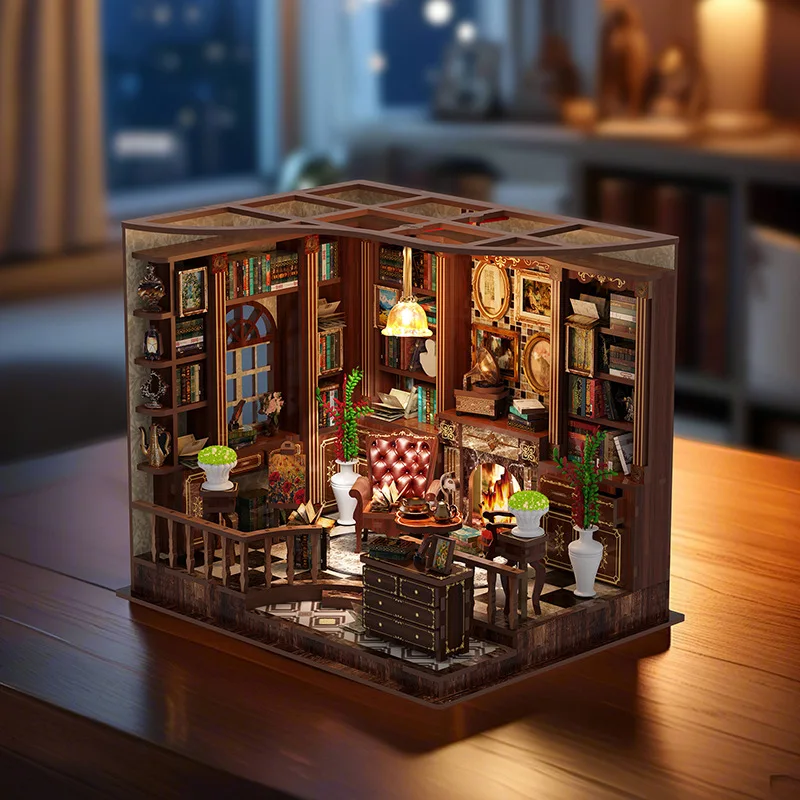 Bricolage rive gauche salle d'étude chalet maisons de poupée en bois Miniature modèle Kit 3D Puzzle maison de poupée avec meubles pour amis cadeaux