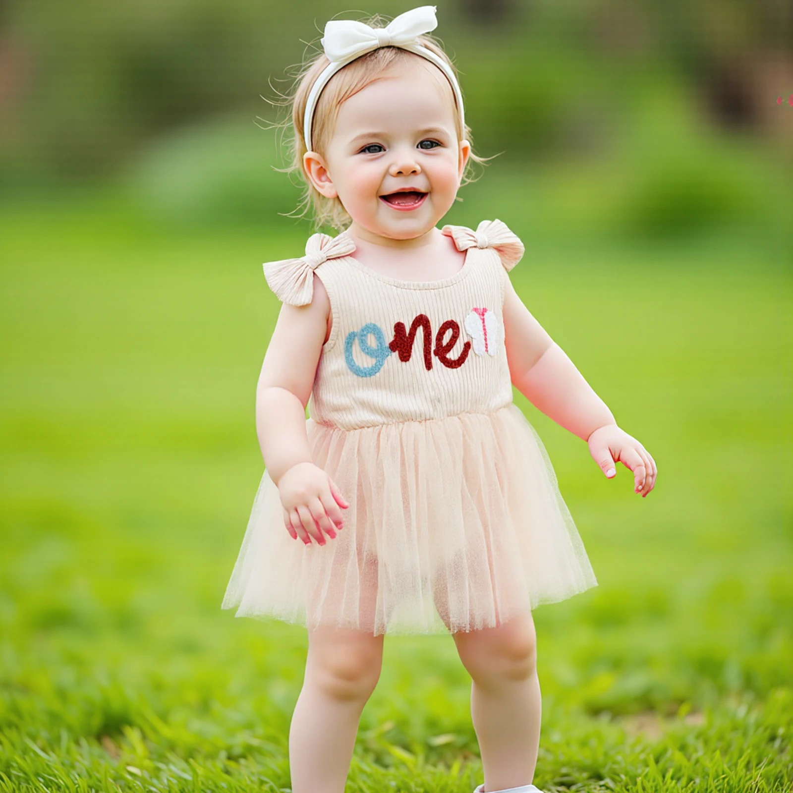 

Baby Girls Birthday Romper Sleeveless Letters Tulle Patchwork Romper Dress Infant Bodysuit
