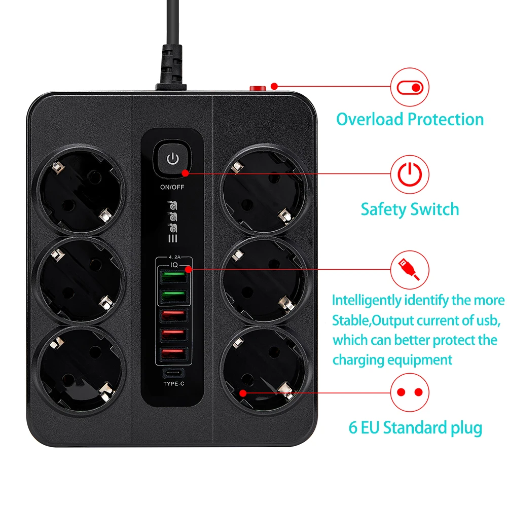 EU Plug Power Strip with 6 AC Outlets 5 USB Port 1 Type C Power Extension Cable Multi Socket Network Filte with Switch for Home