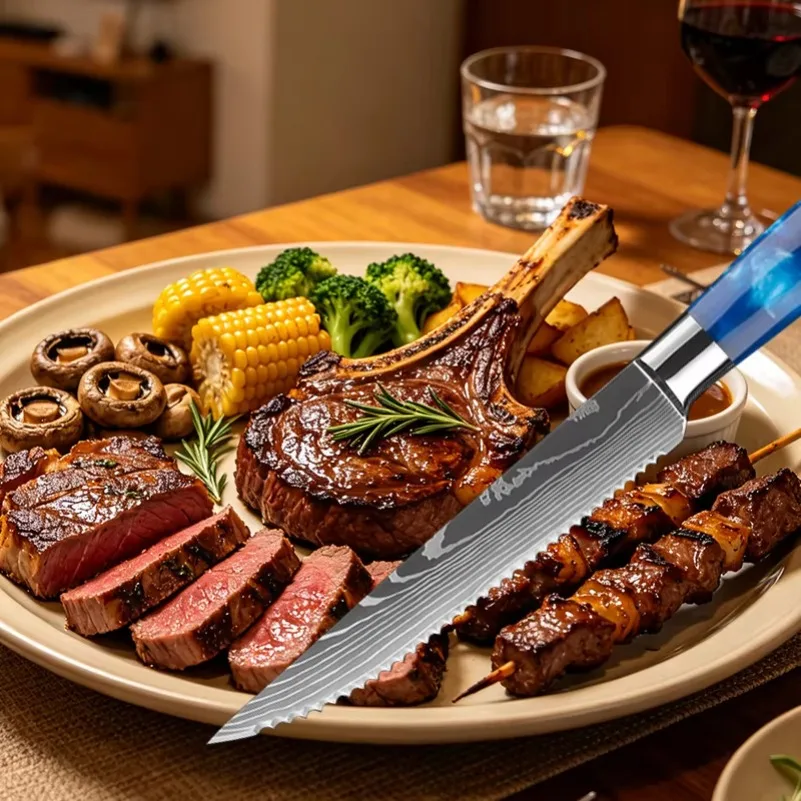 Super Sharp Stainless Steel Laser Damascus Pattern Steak Knife Set Beef Cleaver Multipurpose Restaurant Cutlery Table Knife view 6