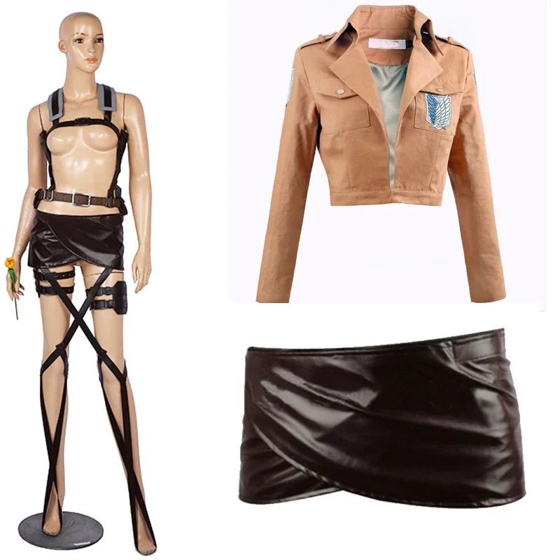 Anime New  Attack on Titan Cosplay Shingeki no Kyojin Mikasa Ackerman Cosplay Costume Shawl Belt Suit Leather Shorts Full Sets