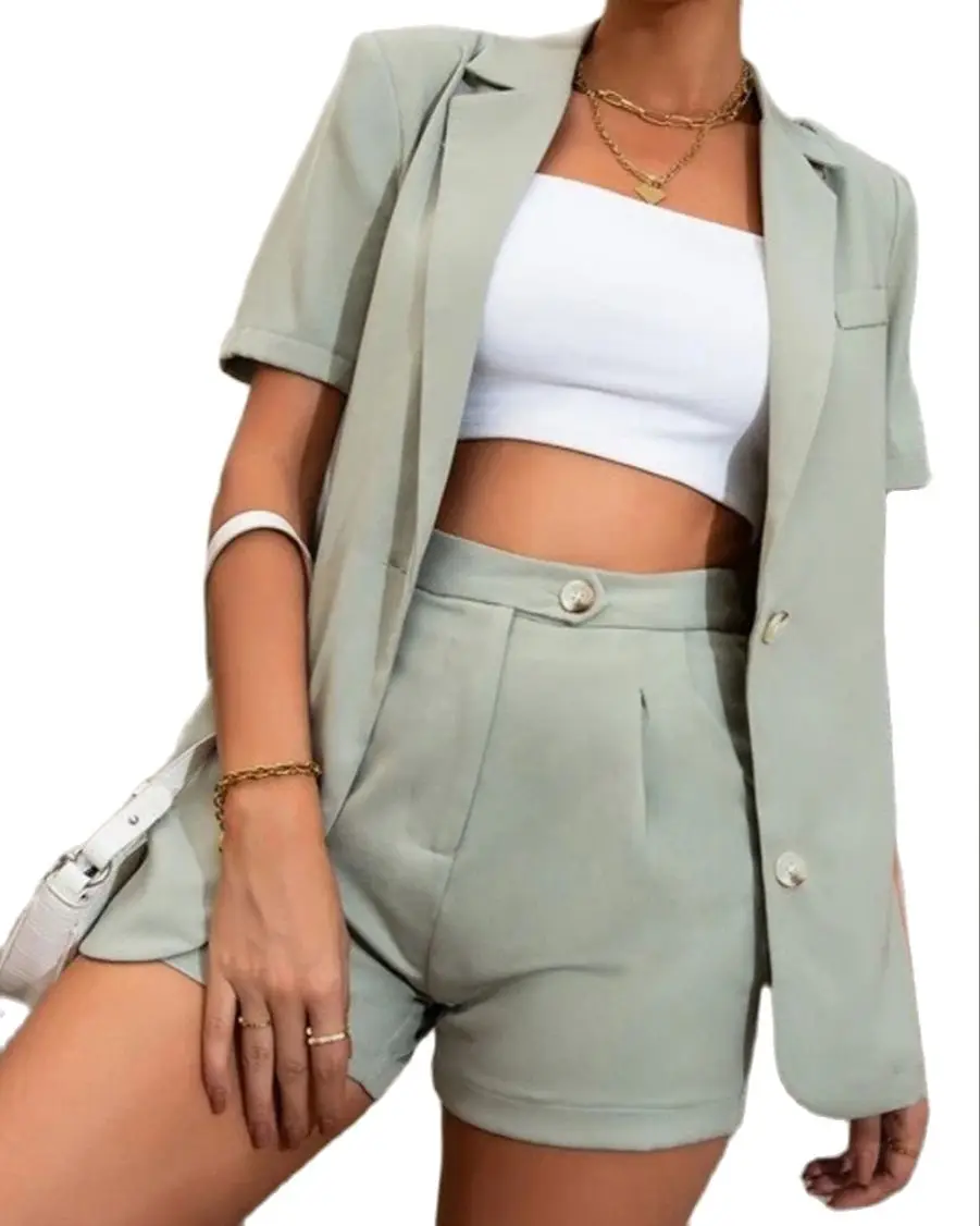 Two Piece Set For Women Solid Color Notched Collar Short Sleeve Blazer & Casual High Waist Pocket Design Shorts Set Summer 2023