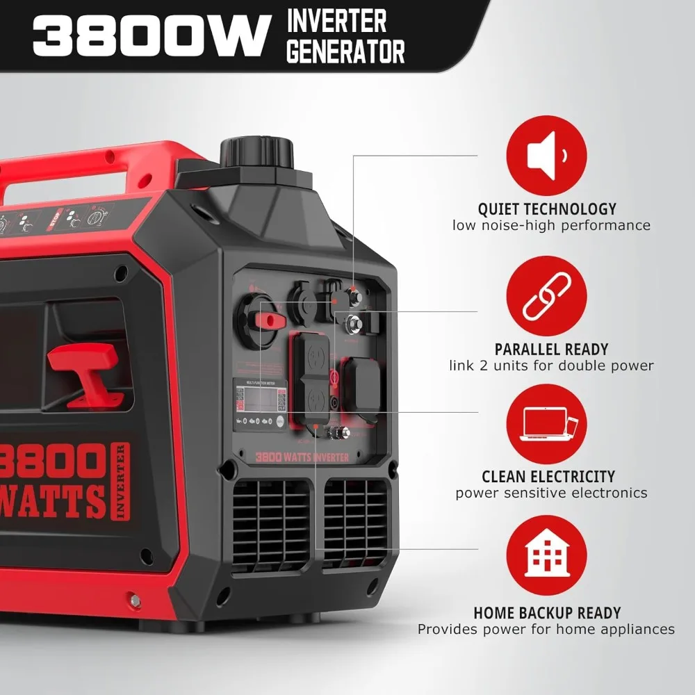 3800 watt gas portable inverter generator, suitable for household use, outdoor camping, RV ready 30A socket, digital display