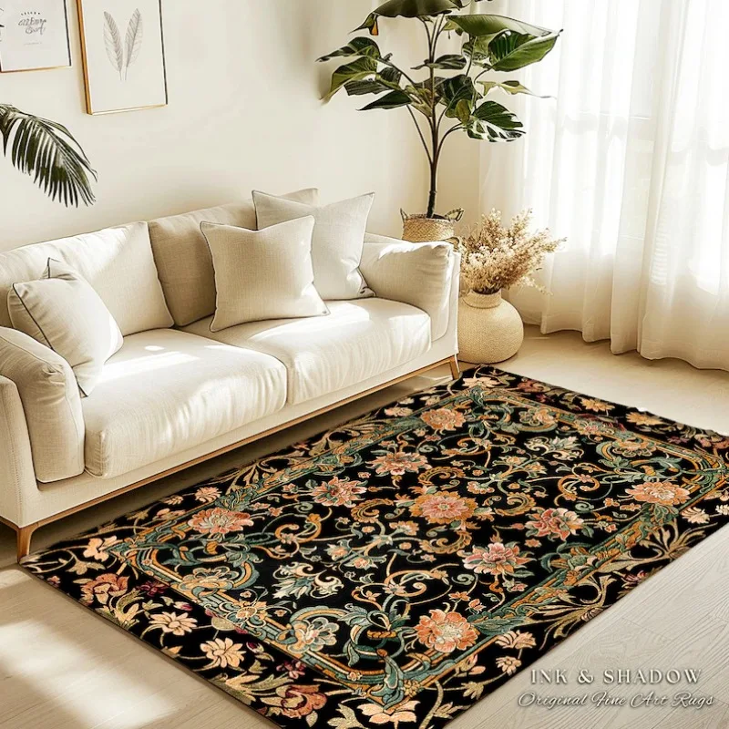 Dark Floral Victorian Rug Wildflower Aesthetic Living Room Gothic Home Decor Rustic Gift Dark Academia Bedroom Folklore Decor