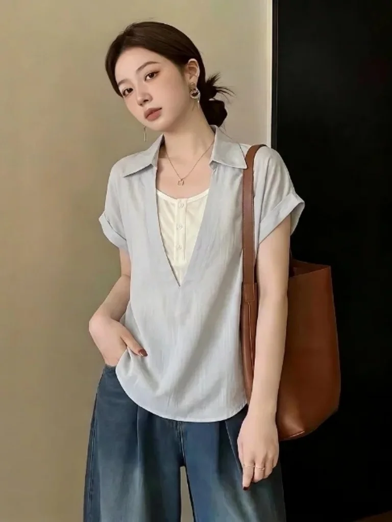 

Light Blue V-Neck Short Sleeve Shirt Women's plus Size Summer New Style Korean Version Loose Fit Commute Style Top