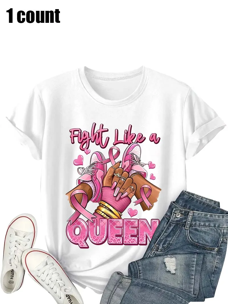 

Новинка 2025, женская повседневная футболка больших размеров с коротким рукавом и круглым вырезом, футболки с принтом «Бой как королева», женские топы