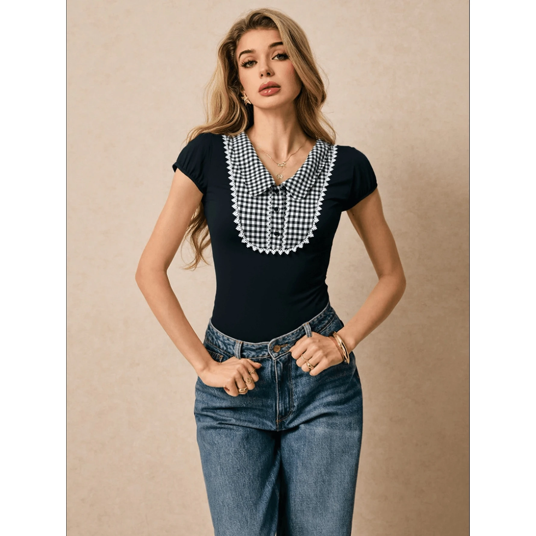 Tartan Patchwork Women's Shirt Upper Apparel Commute Style Short Sleeve Flip Collar Polyester Fiber Cross-Border New Arrival