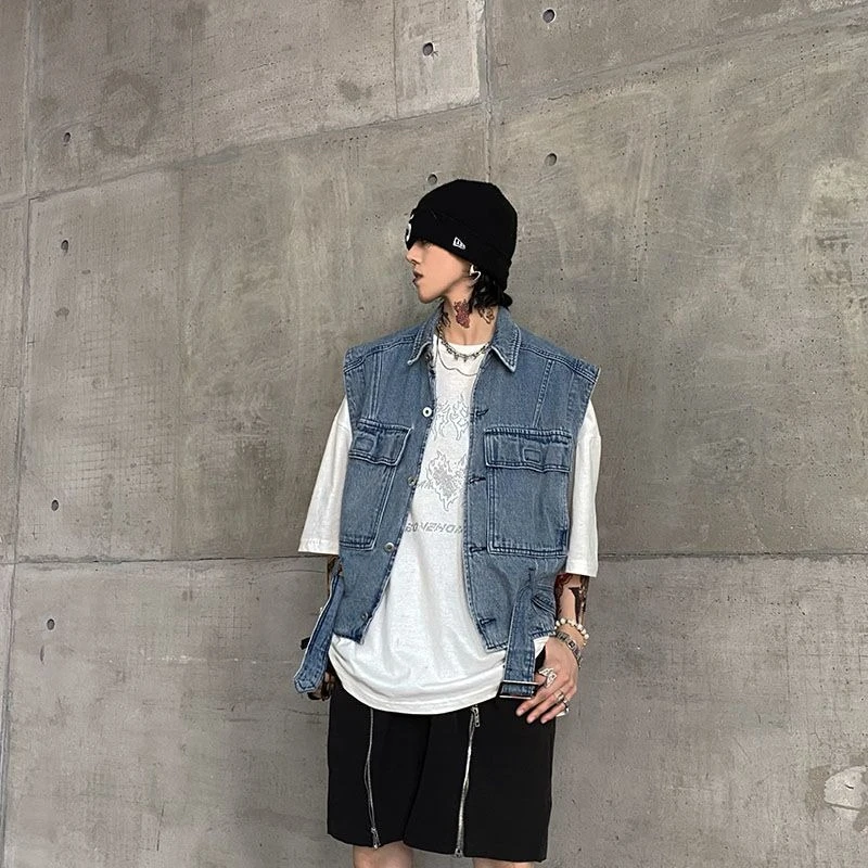 

Vintage Washed Denim Vest Unisex Streetwear Workwear Jacket Casual Layering Outerwear