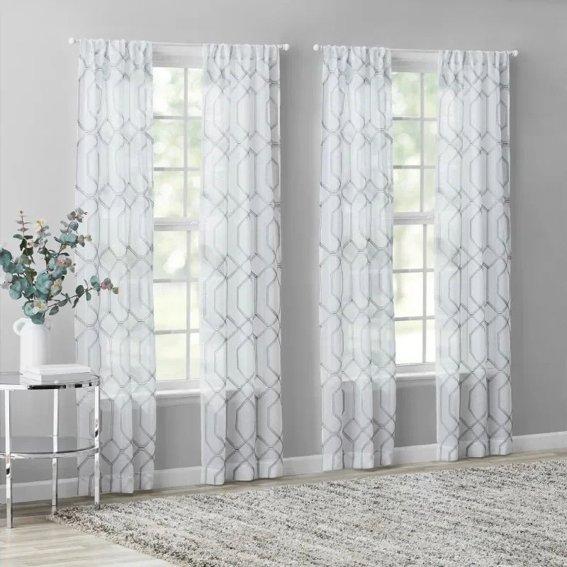 

Hot Sale.NEW Modern Geometric Rod Pocket Sheer Curtain Panel, Set of 4, Gray, 28" W x 84" L-Home