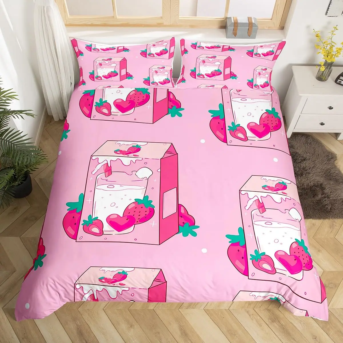 Sweet Strawberry Milk Duvet Cover King Queen Cute Bear Bedding Set Cartoon Fruits Animals Comforter Cover with 2 Pillowcases