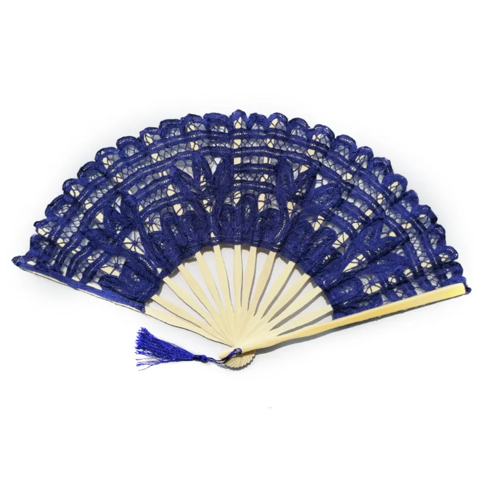 Bamboo Handle Vintage Lace Hand Fan Hand Held with Tassel Embroidered Folding Fan European Style Dance Fan Ladies