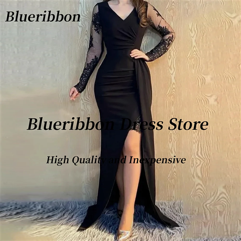 

Blueribbon Black Mermaid Dresses Prom Party Women Wear Beaded Applique Long Sleeves Evening Gowns V Neck Side Slit Vestidos Des