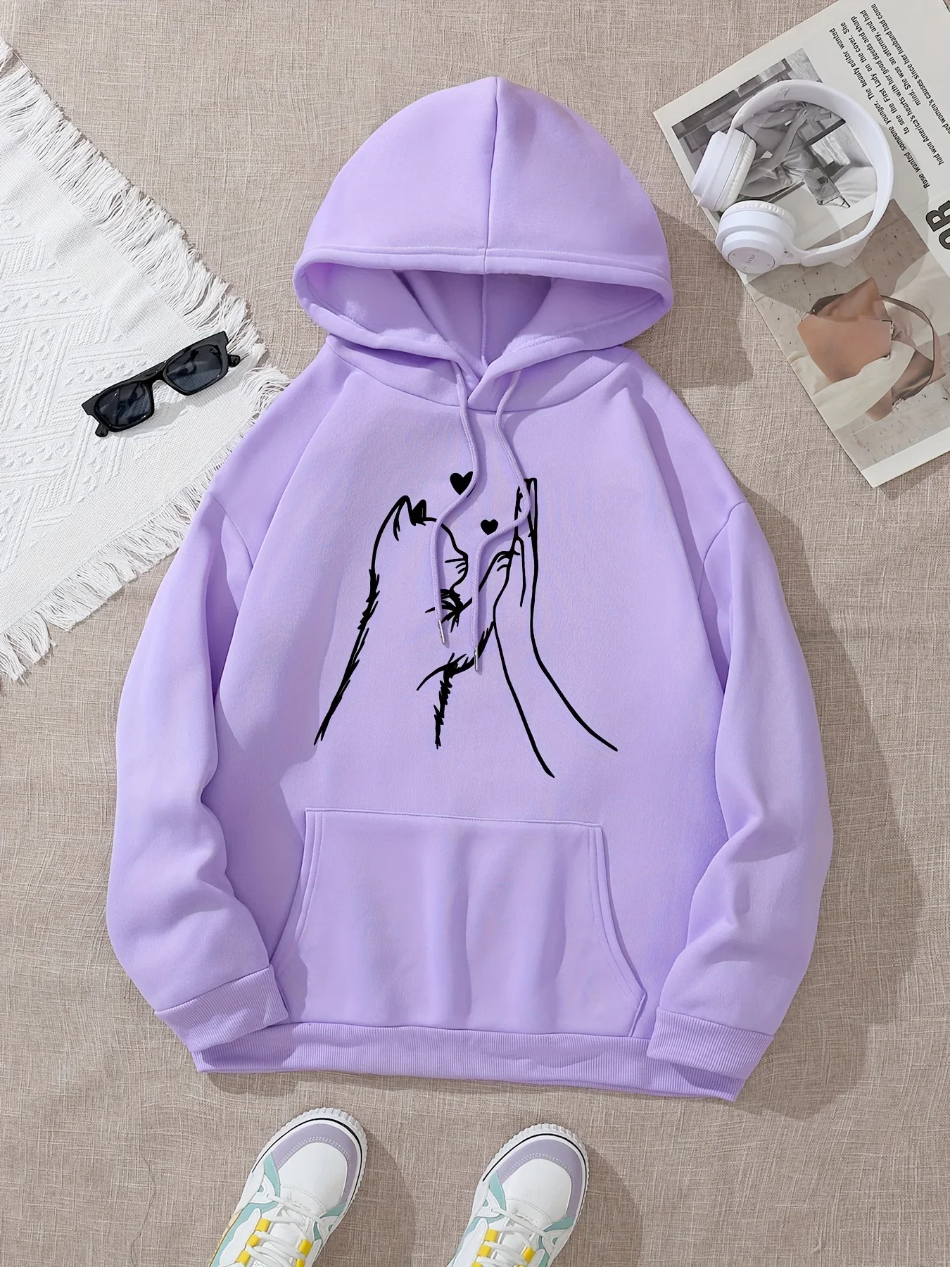2025 Autumn Winter Hoodie Women's Casual Hooded Sweatshirt with Cute High-Fiving Cats  Hearts Graphic Print Warm Hoody