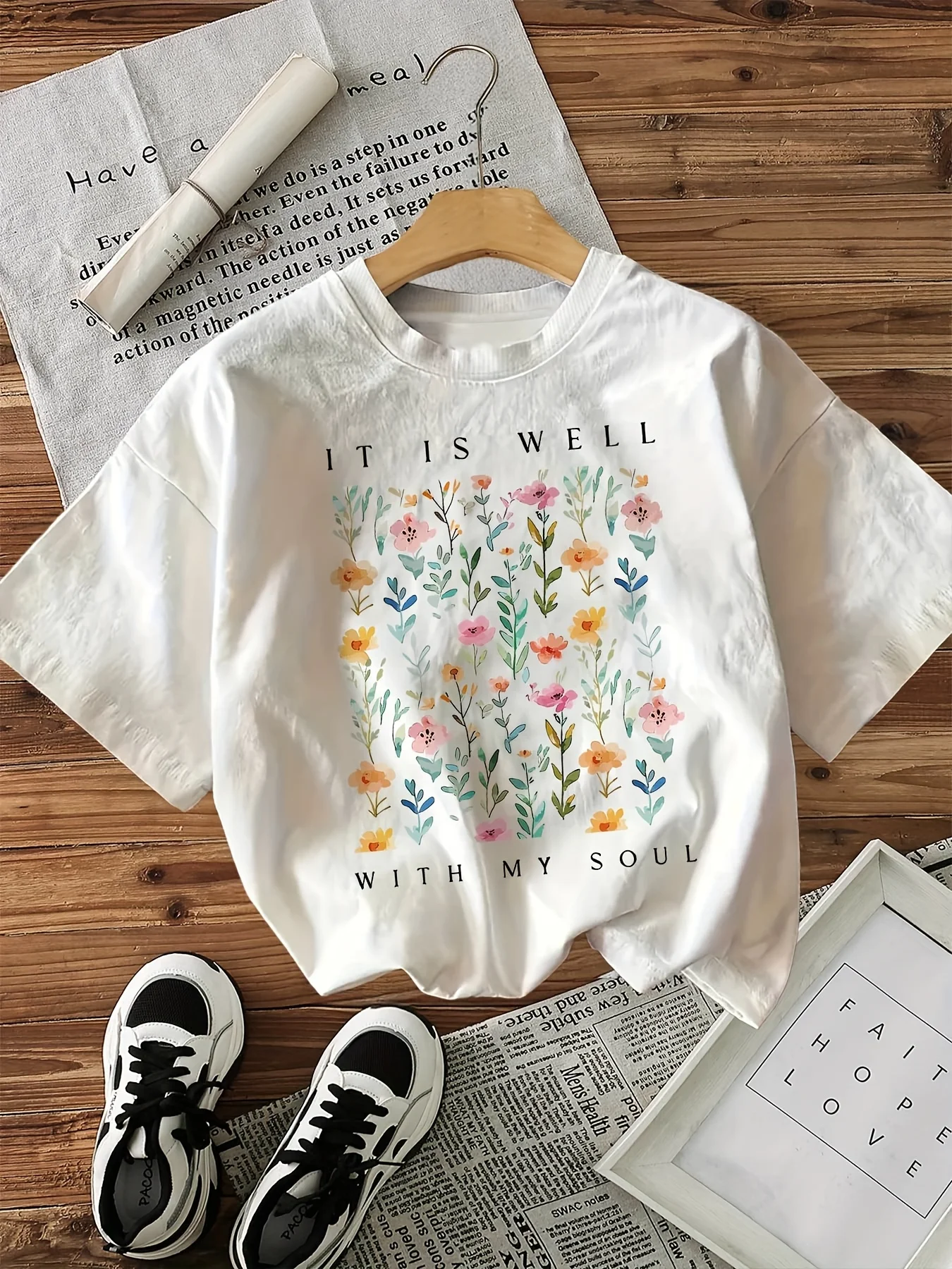 Short Sleeved Round-Neck Women T-Shirt with A Floral Print T Shirt Featuring The Phrase It Is Well with My Soul Graphic Tops