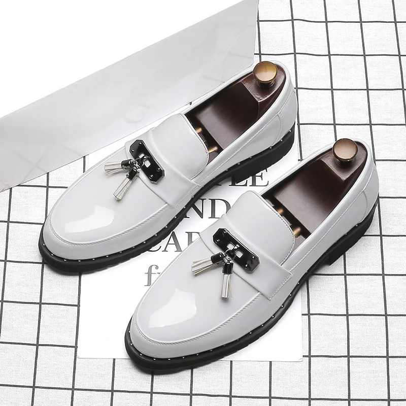 men casual business wedding formal dress black patent leather shoes slip on tassels shoe rivet summer loafers gentleman footwear
