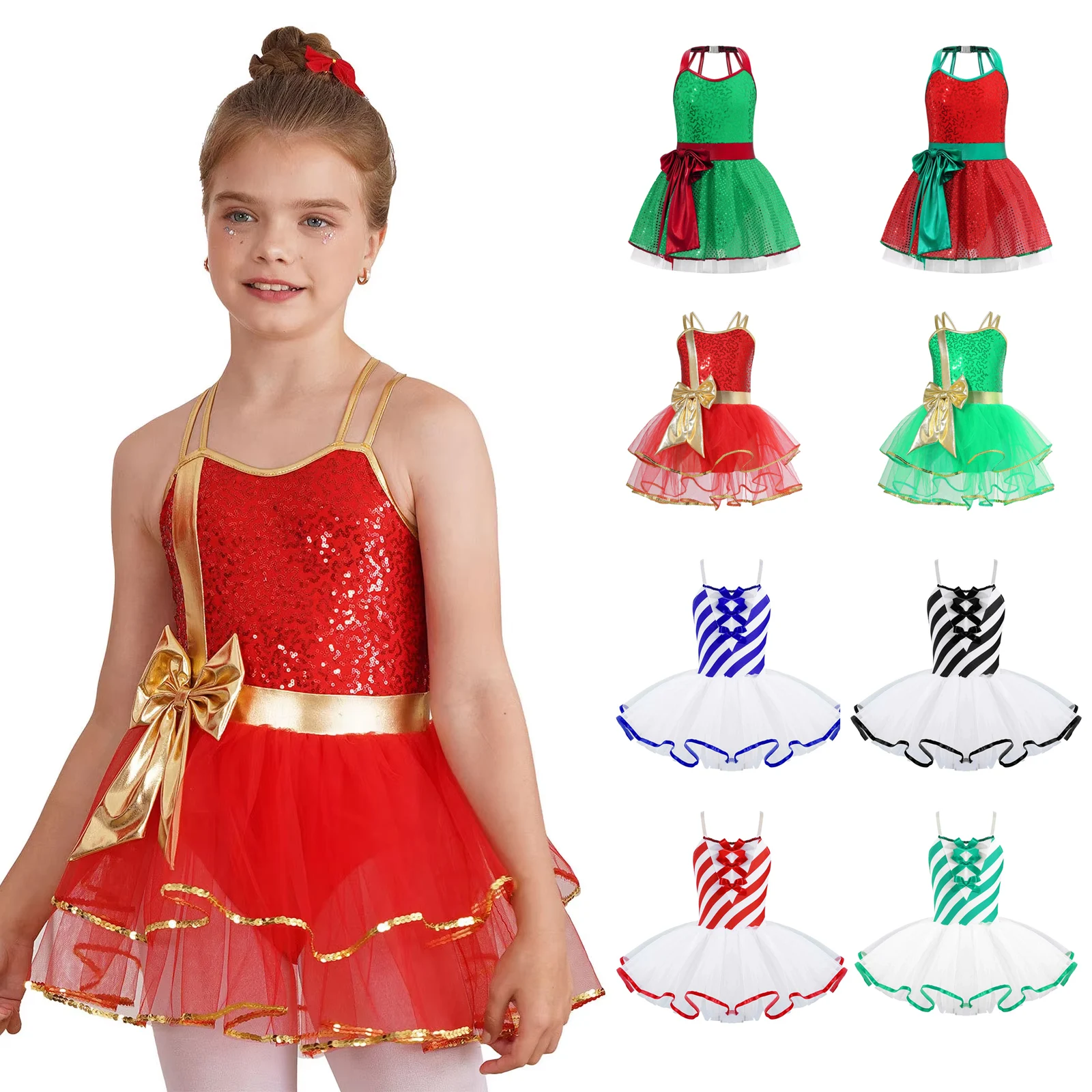 

Kids Girls Sequins Christmas Elf Tutu Dress Xmas Ballet Dance Figure Ice Skating Fancy Dress Costume Stage Performance Dancewear
