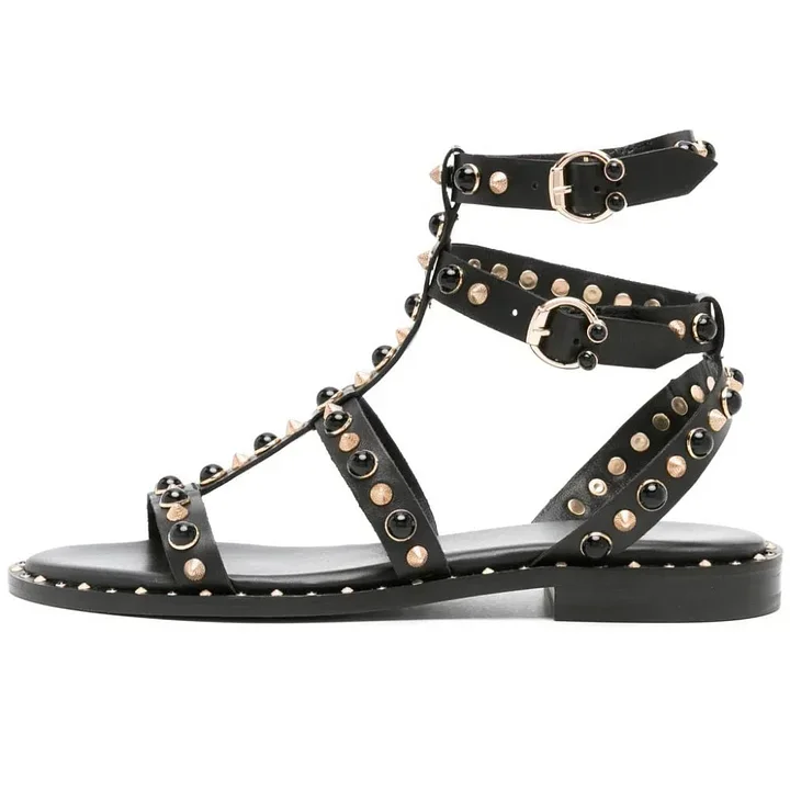 

Black Open Toe Studded Buckled Strappy Flat Gladiator Sandals