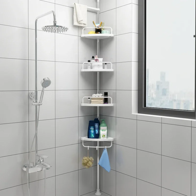 Bathroom Corner Shower Caddy Tension Pole Rust Proof Telescopic Rod 4 Tier Storage Rack Shower Organizer Modern Design