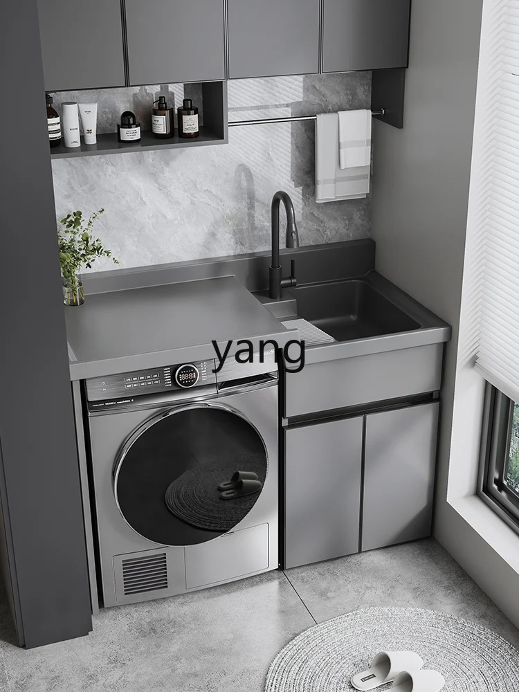 YJQ space aluminum high and low basin laundry pool integrated cabinet combination quartz stone laundry pool corner cutting