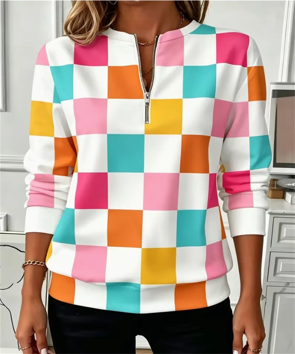2026 Spring and Autumn Women's New Color Checkered Square Printed Casual Long Sleeve Hoodie