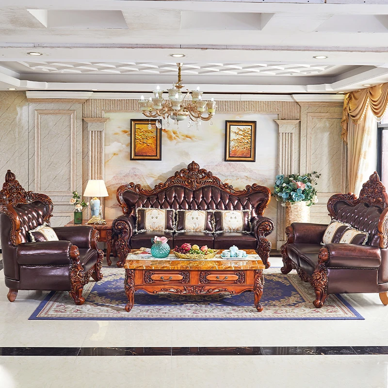 European-style leather sofa American-style luxury villa living room solid wood carved retro dark sofa furniture