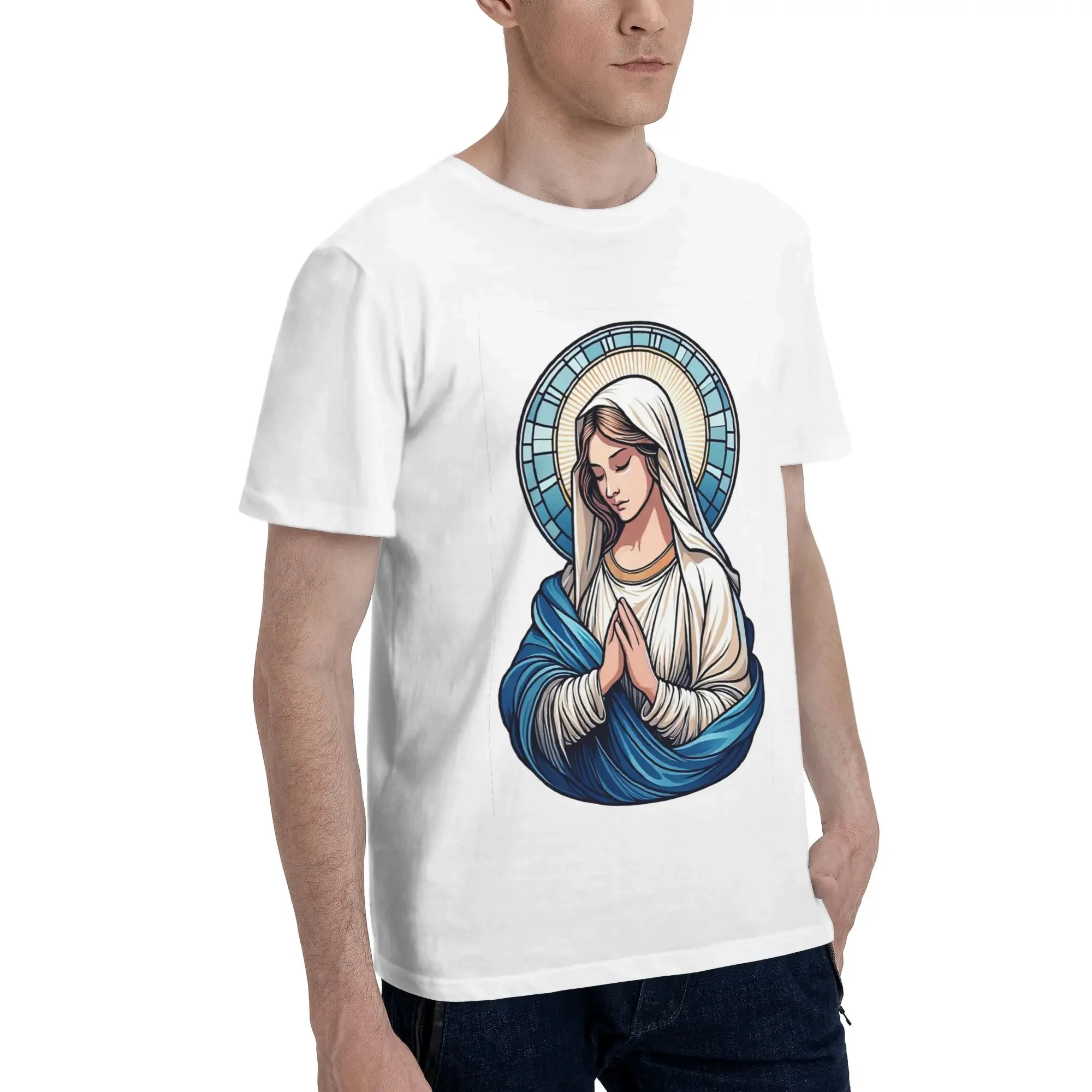 Virgin Mary Pray for Us Catholic Men T-Shirt Plus Size T Shirts Men's O-Neck Cotton Tees Short Summer Male