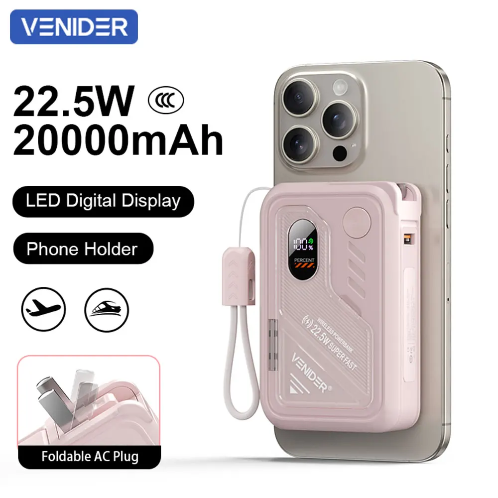 VENIDER Магнитный встроенный кабель Power Bank Type-C и L, 22,5 Вт PowerBank с быстрой зарядкой, складная вилка переменного тока 100–240 В, 10000 мАч/20000 мАч